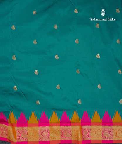 9 Yards Semi Silk Saree Orange With Contrast Green Traditional Temple Border