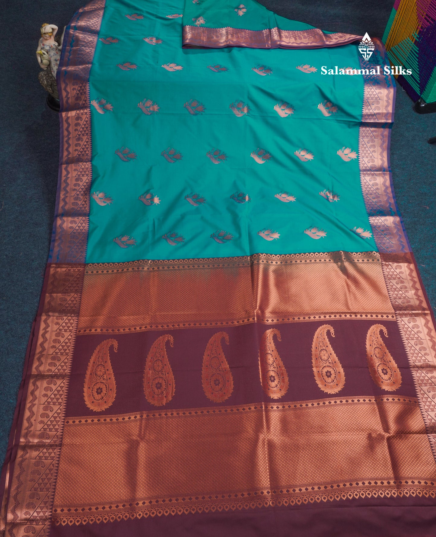 Peacock Blue Semi Silk Saree With Contrast Dark Brown Blouse
