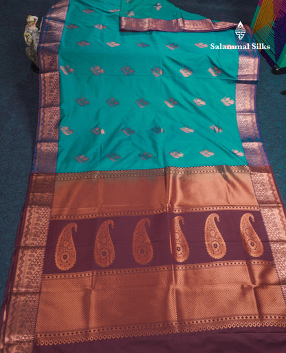 Peacock Blue Semi Silk Saree With Contrast Dark Brown Blouse