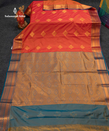 Beautiful Orange Semi Silk Saree With Contrast Peacock Blue Traditional Border