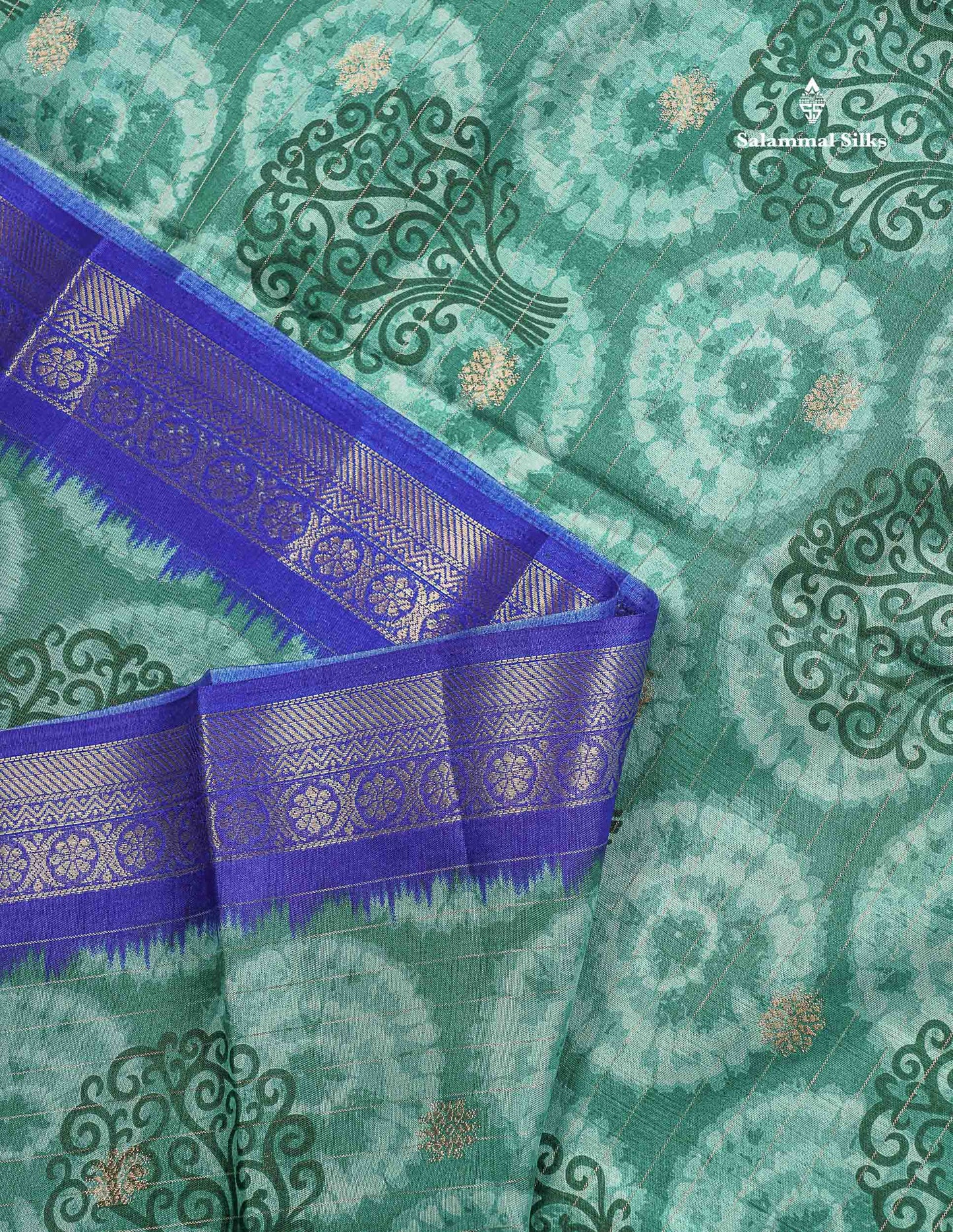 Semi Tussar Fancy Saree - Teal Green Colour Body With Contrast Royal Blue Fancy Border