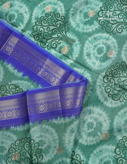 Semi Tussar Fancy Saree - Teal Green Colour Body With Contrast Royal Blue Fancy Border