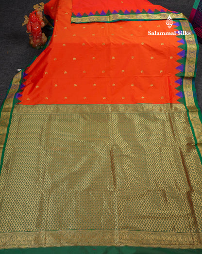 9 Yards Semi Silk Saree Orange With Contrast Green Traditional Temple Border