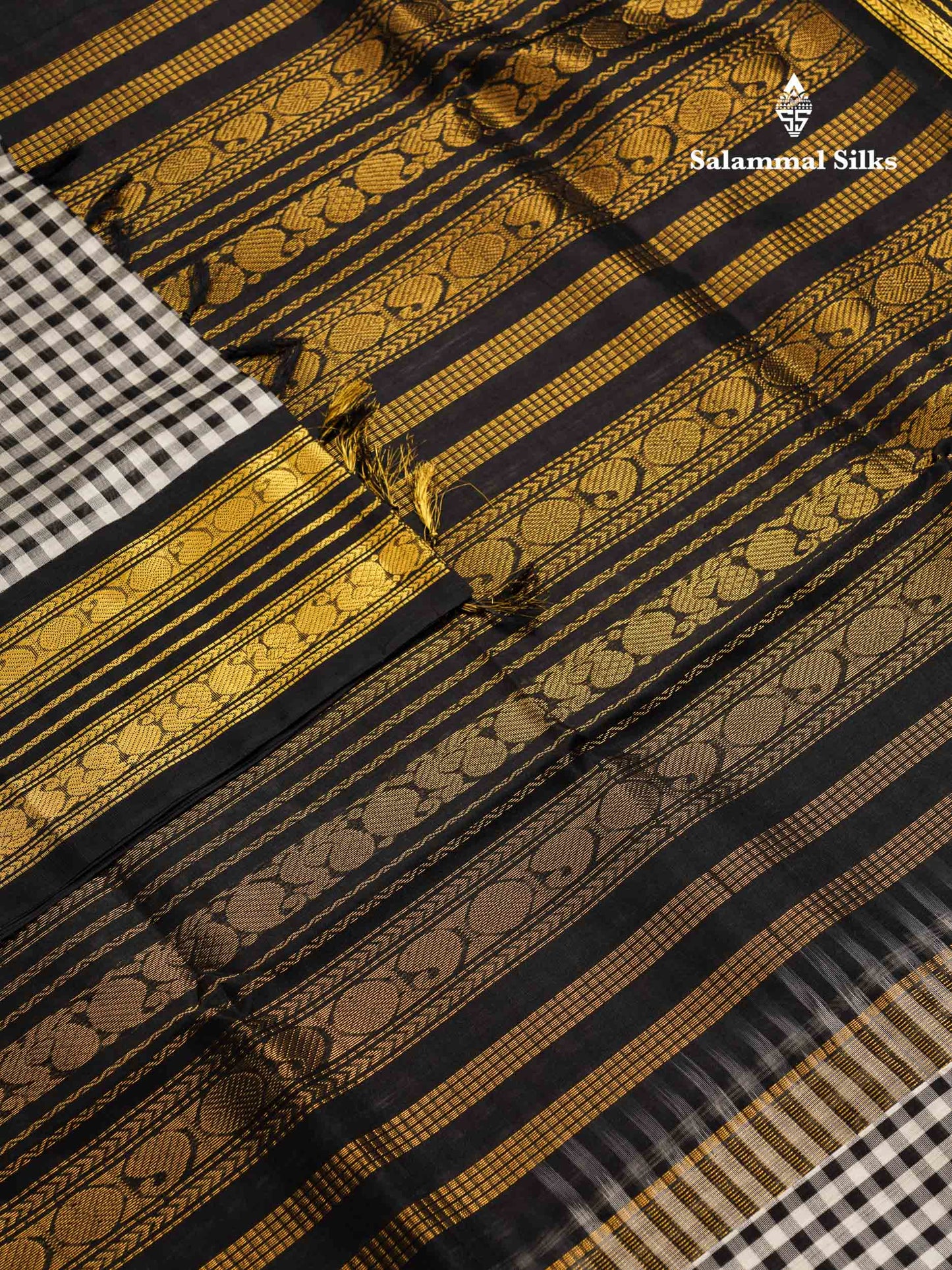 Beautiful Black & White Small Checks Pure Silk Cotton Saree With Contrast Black Traditional Border