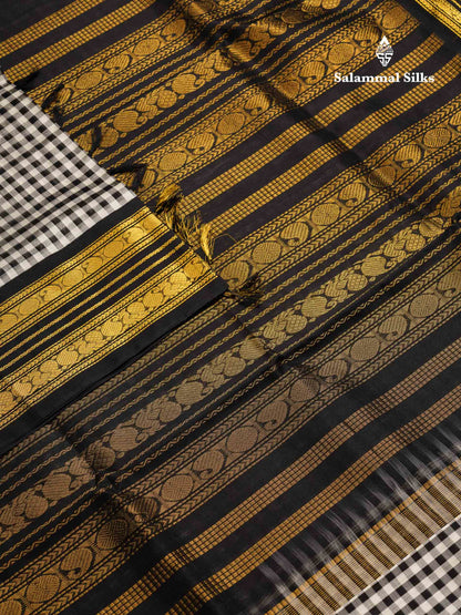 Beautiful Black & White Small Checks Pure Silk Cotton Saree With Contrast Black Traditional Border