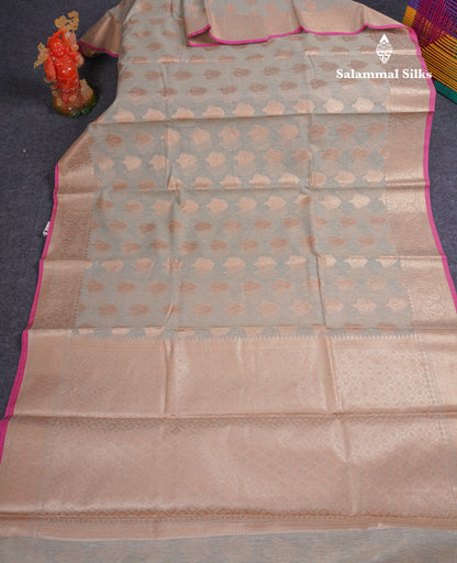 Beautiful Grey Linen Cotton Mix Fancy Saree With Contrast Pink Blouse