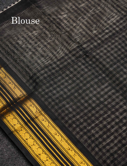 Beautiful Black & White Small Checks Pure Silk Cotton Saree With Contrast Black Traditional Border