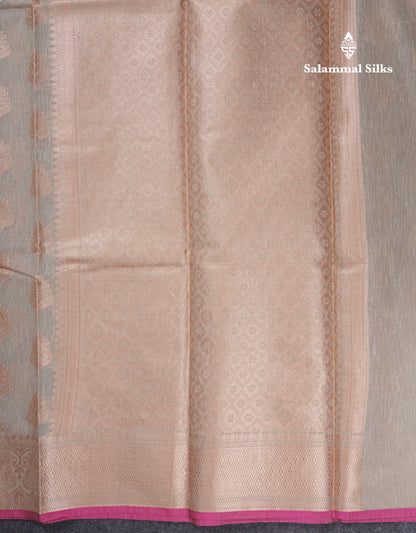 Beautiful Grey Linen Cotton Mix Fancy Saree With Contrast Pink Blouse