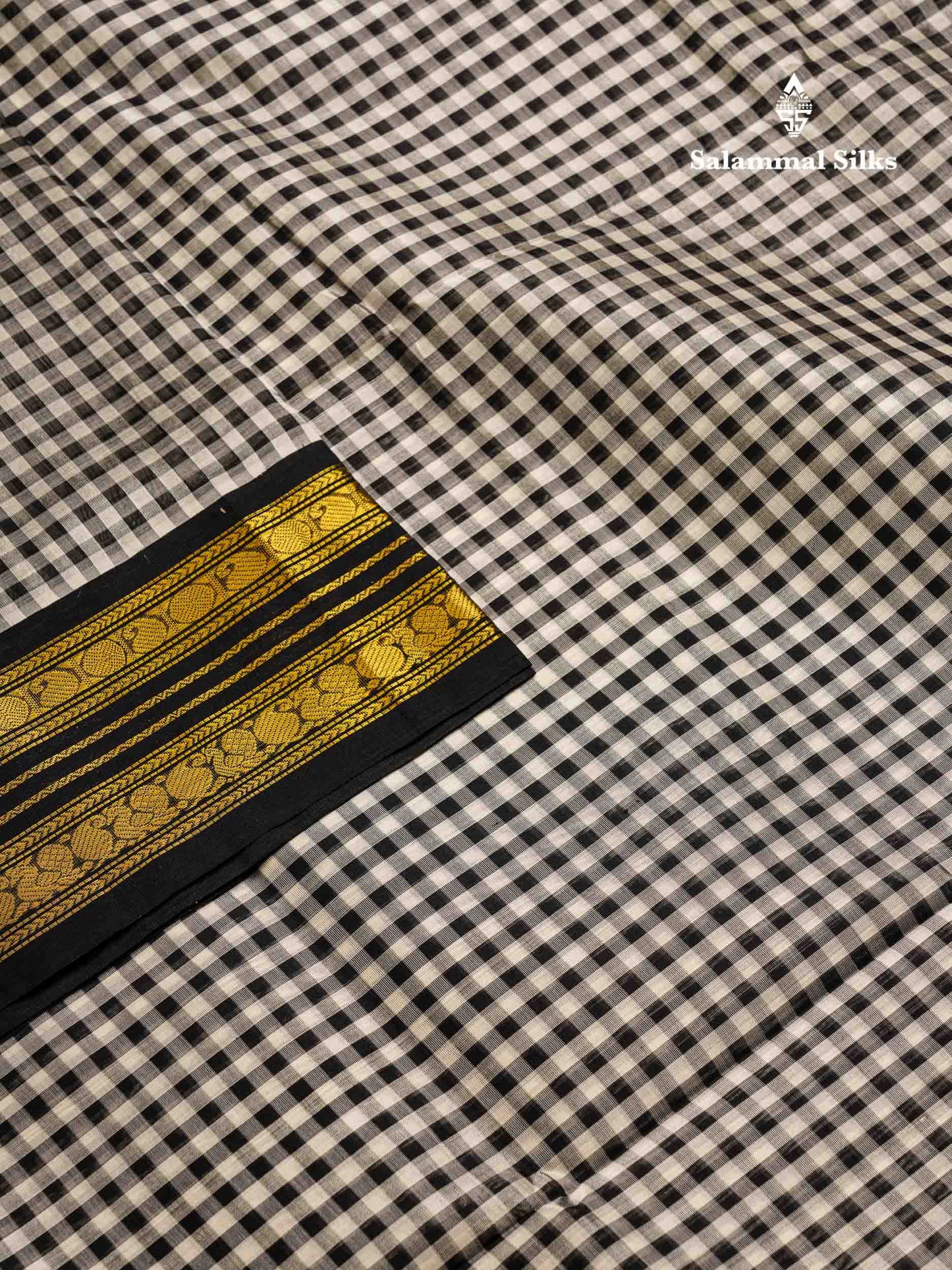Beautiful Black & White Small Checks Pure Silk Cotton Saree With Contrast Black Traditional Border
