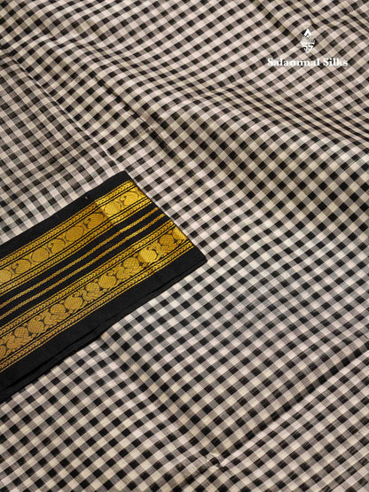 Beautiful Black & White Small Checks Pure Silk Cotton Saree With Contrast Black Traditional Border