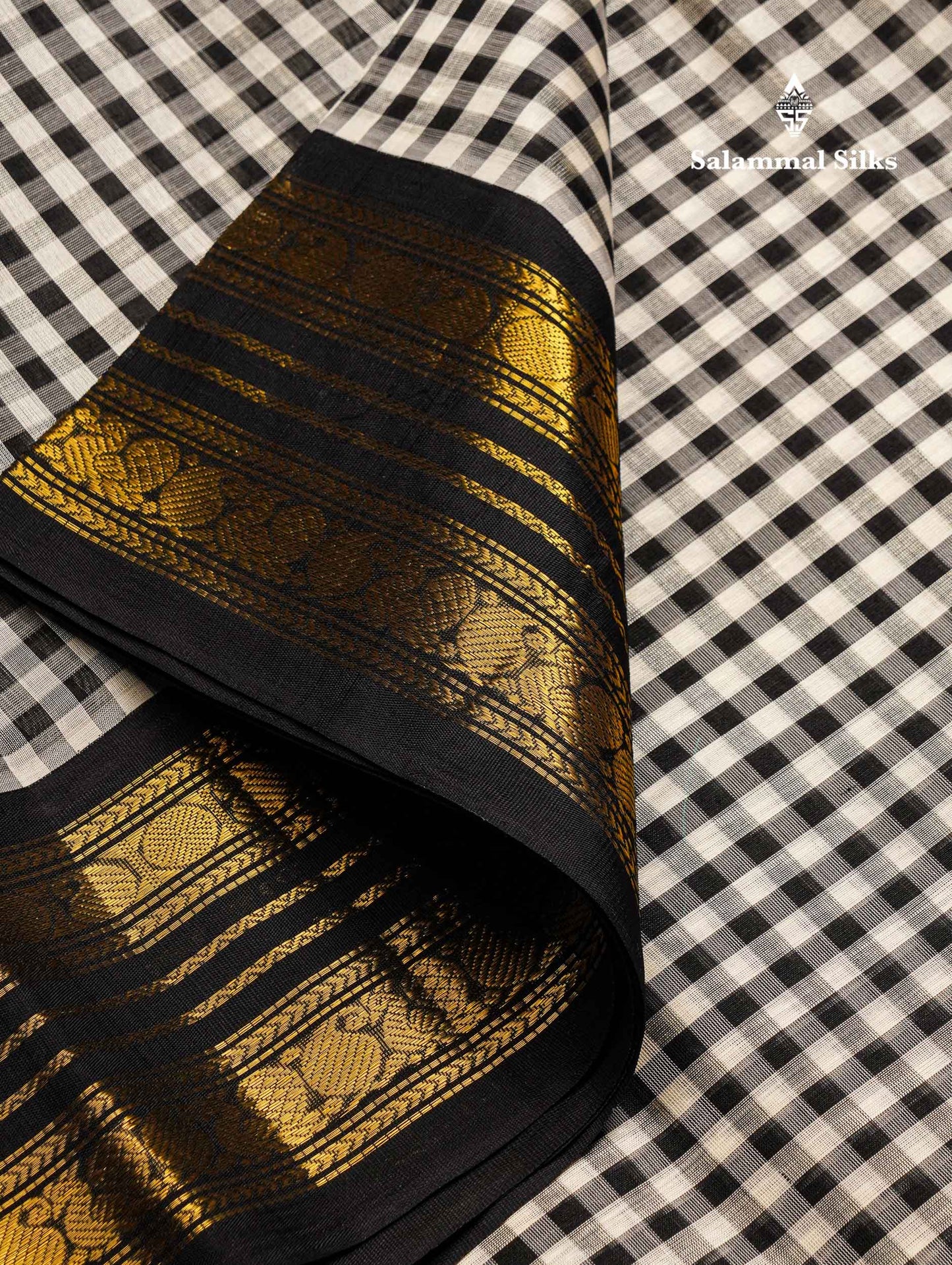 Beautiful Black & White Small Checks Pure Silk Cotton Saree With Contrast Black Traditional Border