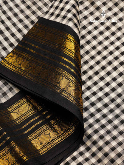 Beautiful Black & White Small Checks Pure Silk Cotton Saree With Contrast Black Traditional Border