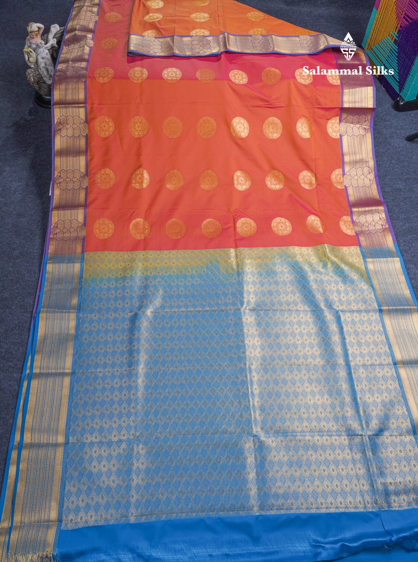 Dual Tone Rust Orange Semi Silk Saree With Contrast Blue Blouse