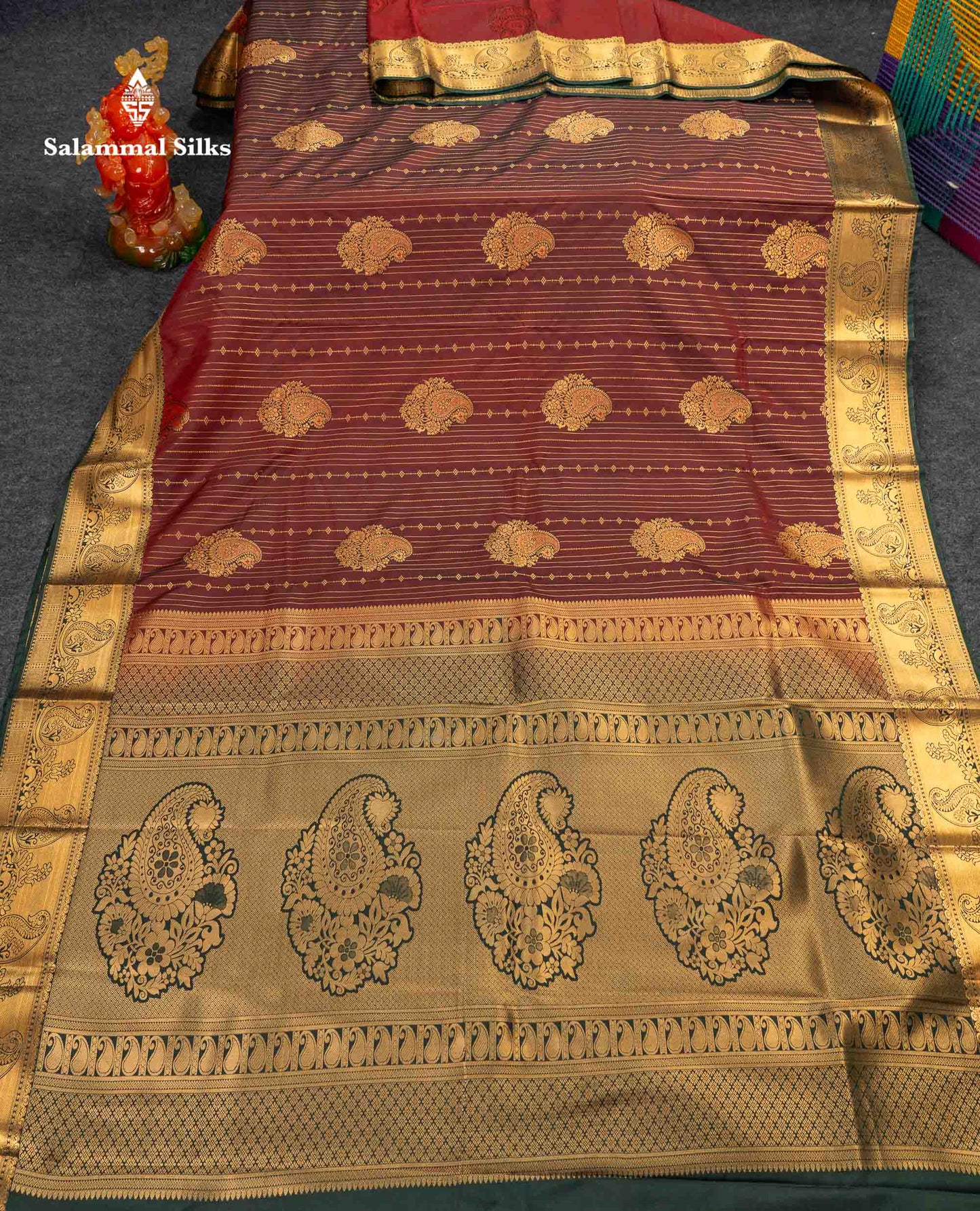 Beautiful Magenta Vertical Zari Line With Butta Semi Silk Saree With Contrast Peacock Blue Traditional Border