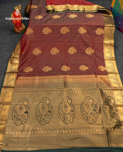 Beautiful Magenta Vertical Zari Line With Butta Semi Silk Saree With Contrast Peacock Blue Traditional Border