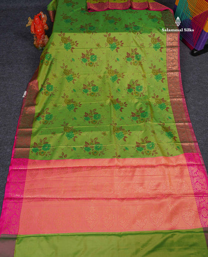Semi Tussar Fancy Saree - Parrot Green Colour Body With Contrast Pinkish Peach Blouse