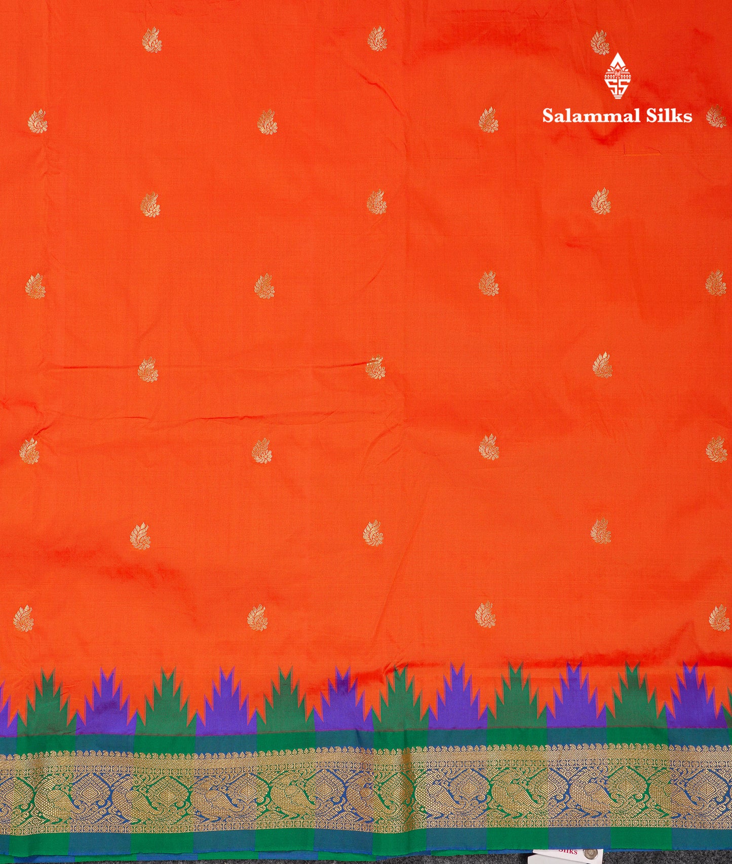 9 Yards Semi Silk Saree Orange With Contrast Green Traditional Temple Border