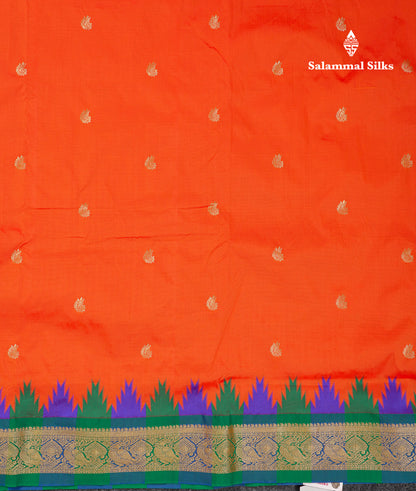 9 Yards Semi Silk Saree Orange With Contrast Green Traditional Temple Border