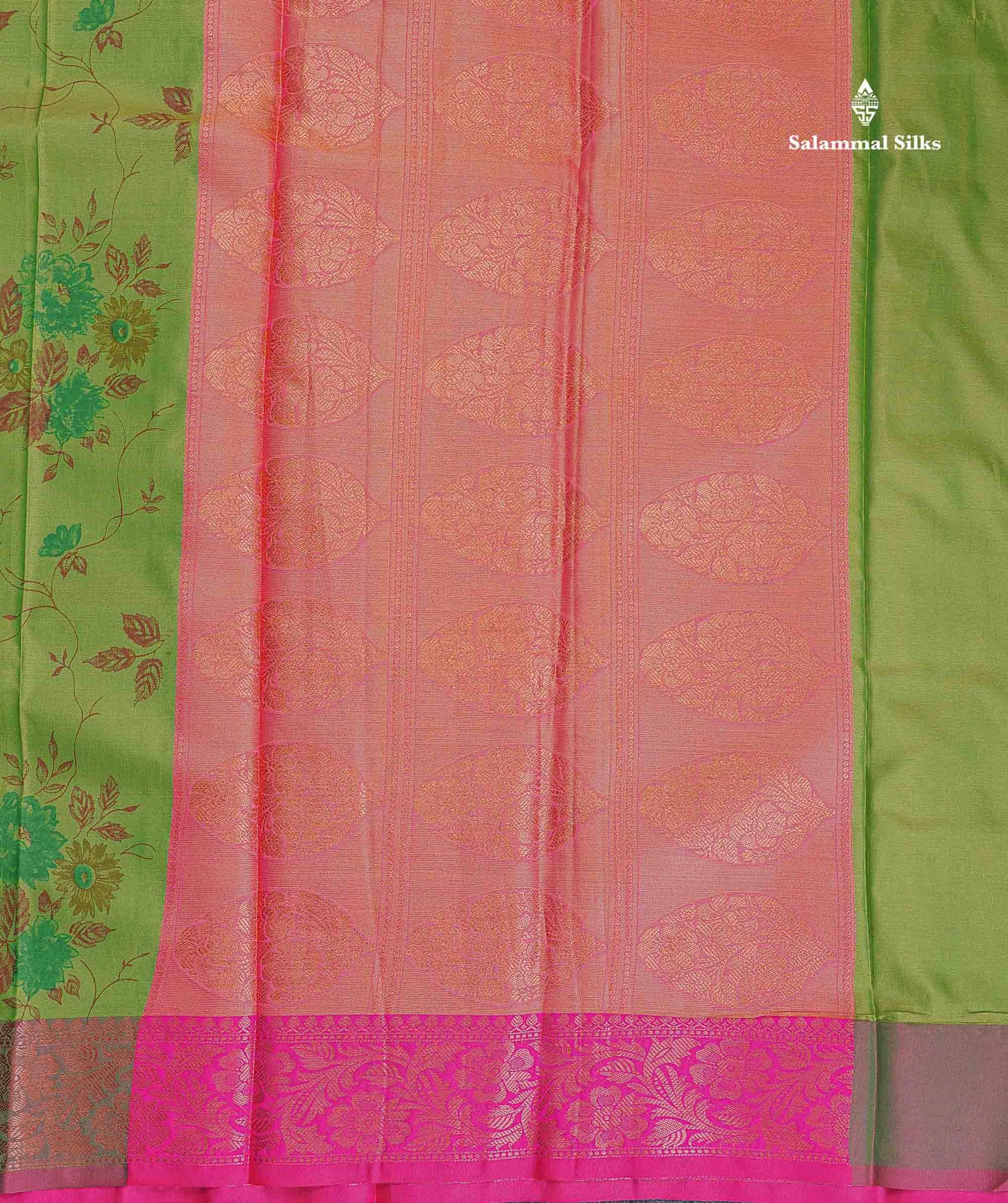 Semi Tussar Fancy Saree - Parrot Green Colour Body With Contrast Pinkish Peach Blouse