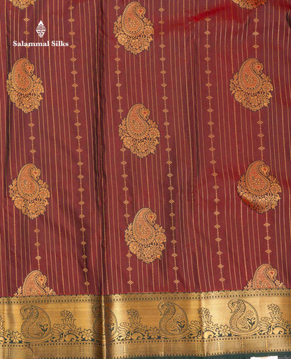 Beautiful Magenta Vertical Zari Line With Butta Semi Silk Saree With Contrast Peacock Blue Traditional Border