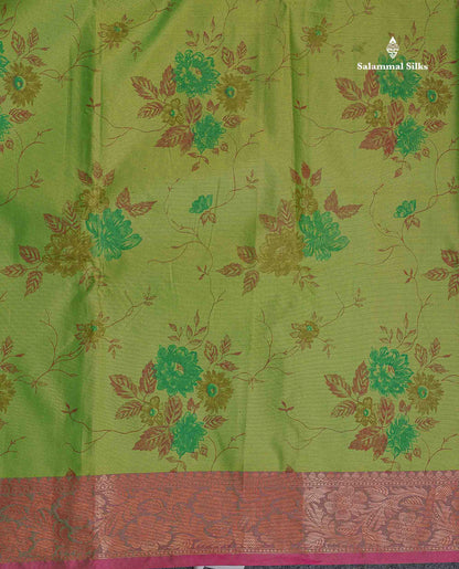 Semi Tussar Fancy Saree - Parrot Green Colour Body With Contrast Pinkish Peach Blouse