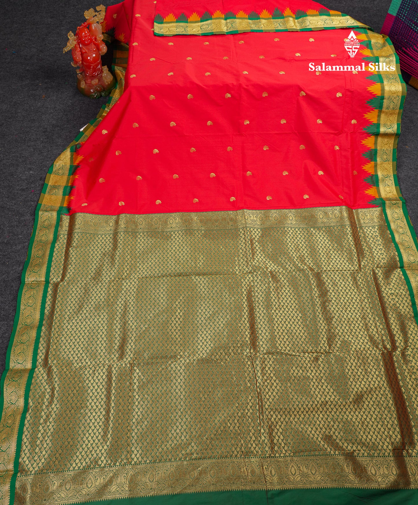 9 Yards Semi Silk Saree Orange With Contrast Green Traditional Temple Border