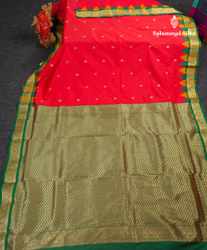 9 Yards Semi Silk Saree Orange With Contrast Green Traditional Temple Border