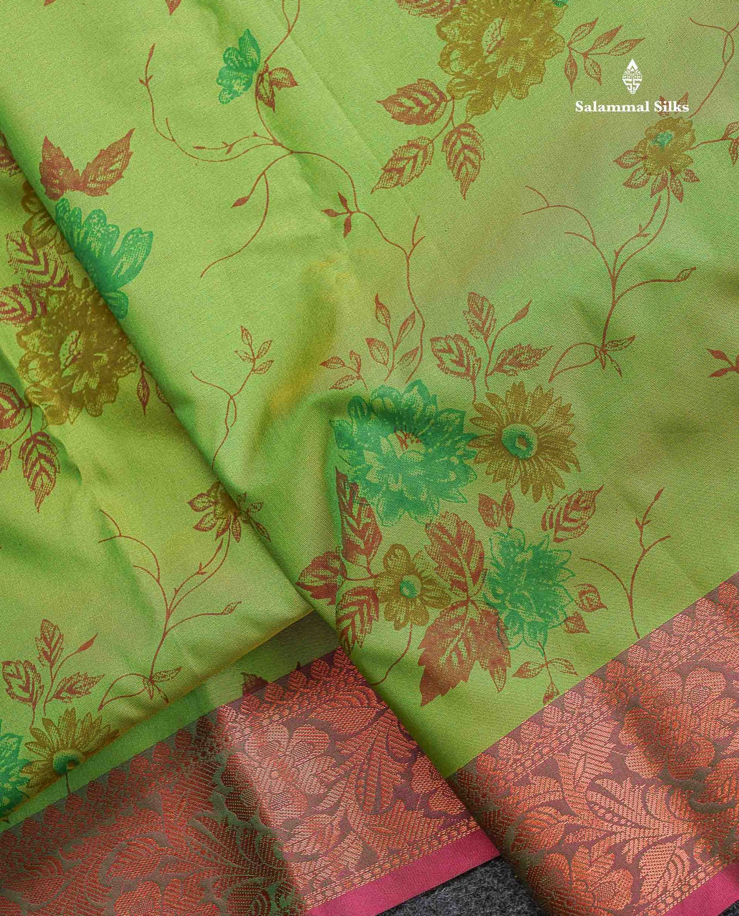 Semi Tussar Fancy Saree - Parrot Green Colour Body With Contrast Pinkish Peach Blouse