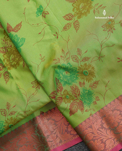 Semi Tussar Fancy Saree - Parrot Green Colour Body With Contrast Pinkish Peach Blouse
