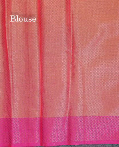 Semi Tussar Fancy Saree - Parrot Green Colour Body With Contrast Pinkish Peach Blouse