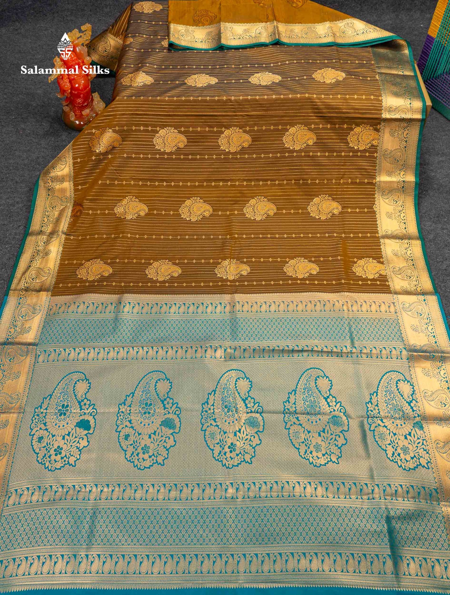 Beautiful Magenta Vertical Zari Line With Butta Semi Silk Saree With Contrast Peacock Blue Traditional Border