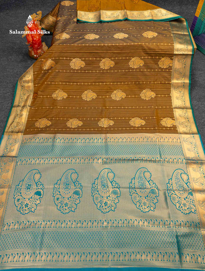 Beautiful Magenta Vertical Zari Line With Butta Semi Silk Saree With Contrast Peacock Blue Traditional Border