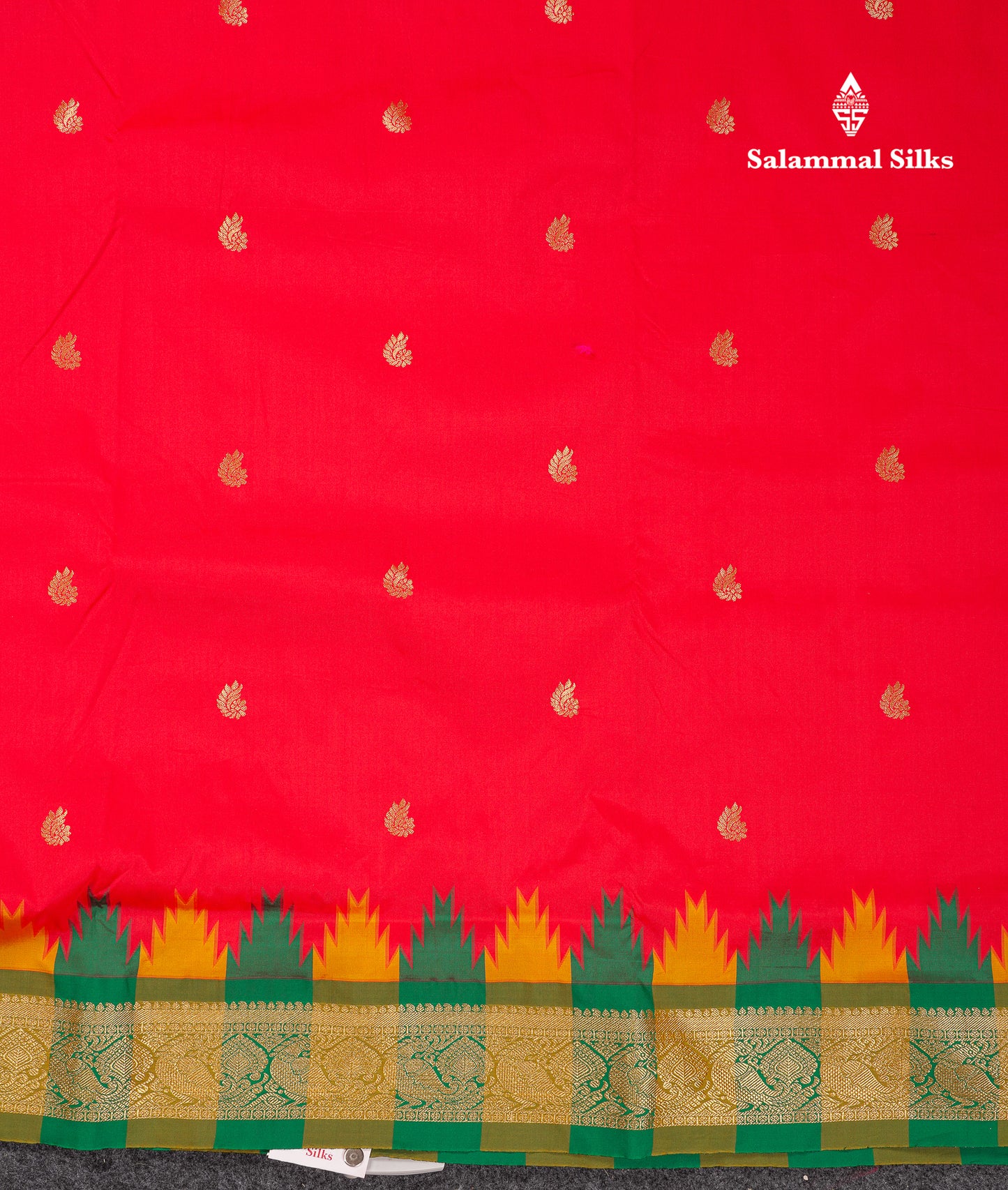 9 Yards Semi Silk Saree Orange With Contrast Green Traditional Temple Border