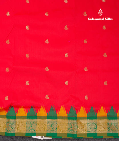 9 Yards Semi Silk Saree Orange With Contrast Green Traditional Temple Border