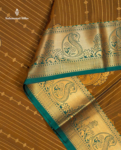 Beautiful Magenta Vertical Zari Line With Butta Semi Silk Saree With Contrast Peacock Blue Traditional Border