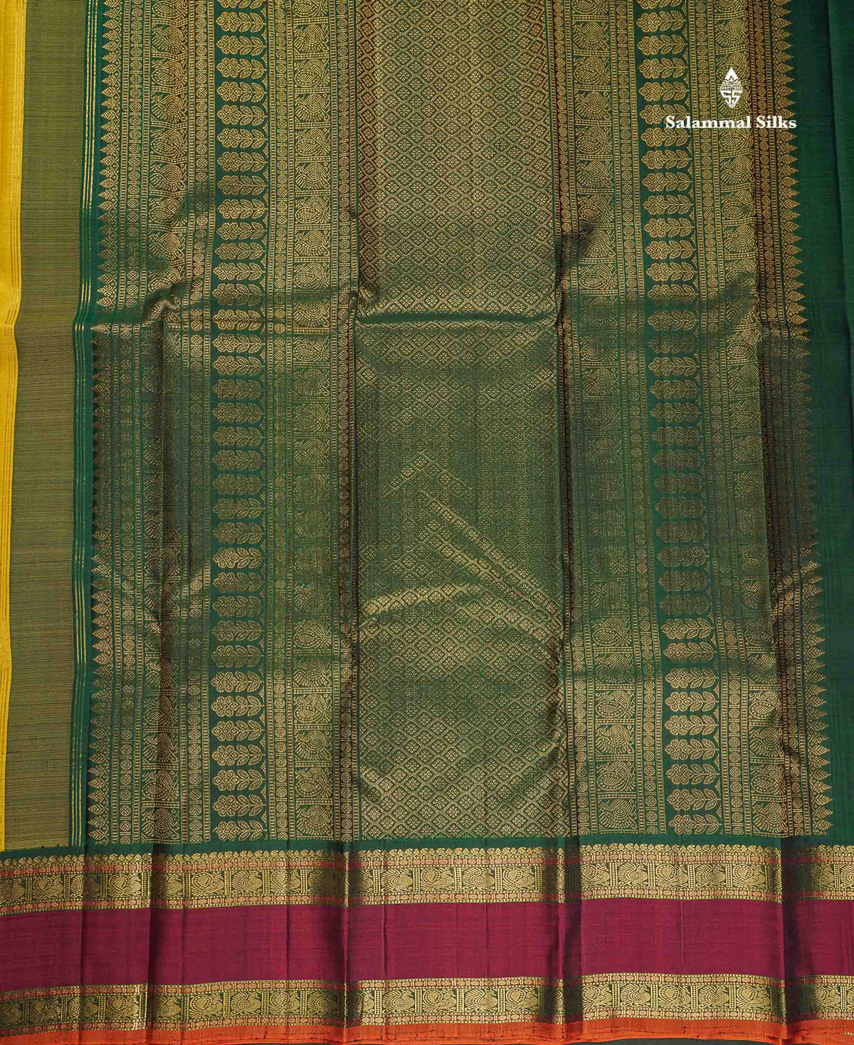 Korvai Pure Kanjivaram Silk Saree - Mustard Yellow Colour Body With Contrast Bottle Green Rettapet Border