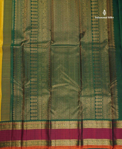 Korvai Pure Kanjivaram Silk Saree - Mustard Yellow Colour Body With Contrast Bottle Green Rettapet Border