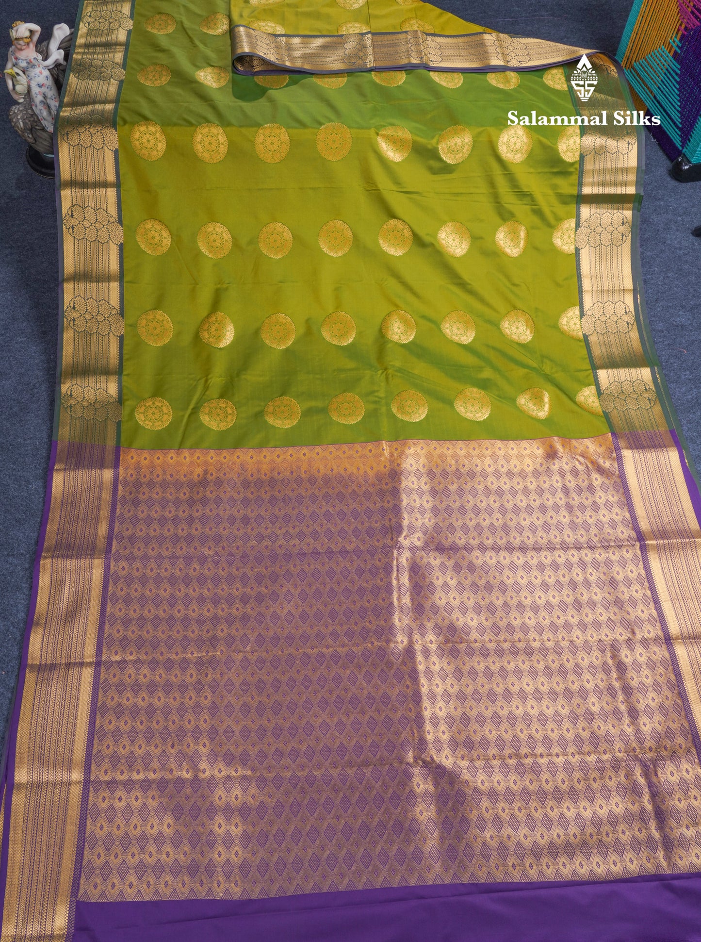 Dual Tone Olive Green Semi Silk Saree With Contrast Purple Blouse