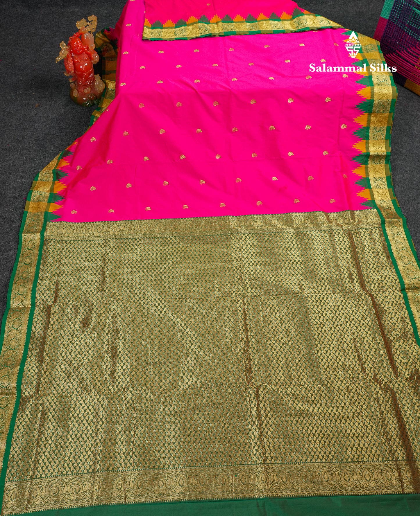 9 Yards Semi Silk Saree Orange With Contrast Green Traditional Temple Border