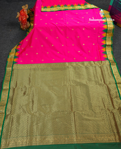 9 Yards Semi Silk Saree Orange With Contrast Green Traditional Temple Border
