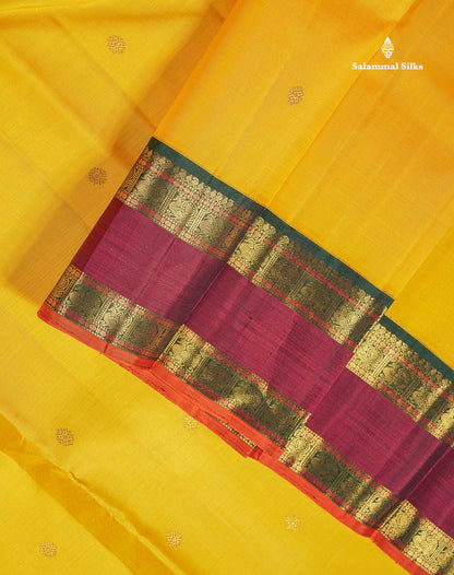 Korvai Pure Kanjivaram Silk Saree - Mustard Yellow Colour Body With Contrast Bottle Green Rettapet Border