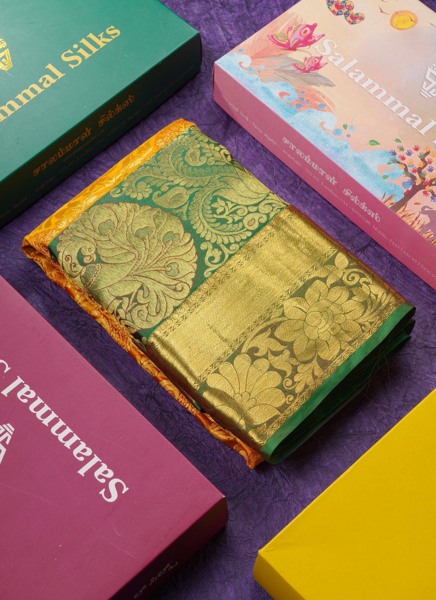 Beautiful Yellow Bridal Pure Mix Kanjivaram Silk Saree With Contrast Saffire Green Traditional Evening Morning Border