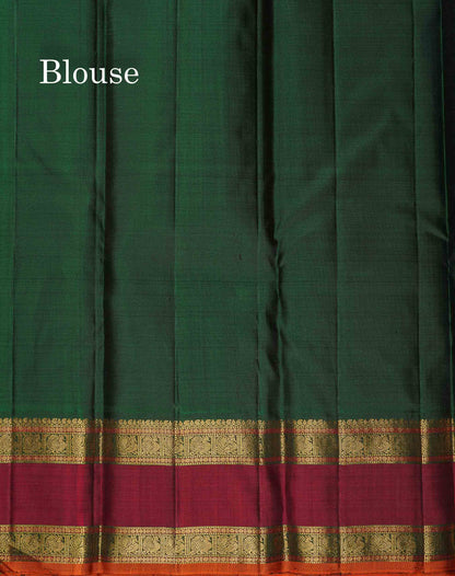 Korvai Pure Kanjivaram Silk Saree - Mustard Yellow Colour Body With Contrast Bottle Green Rettapet Border