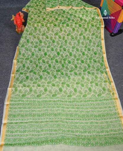 Kota Cotton Fancy Saree -  Light Green Colour Body With Small Ribbon Border