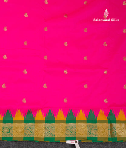 9 Yards Semi Silk Saree Orange With Contrast Green Traditional Temple Border