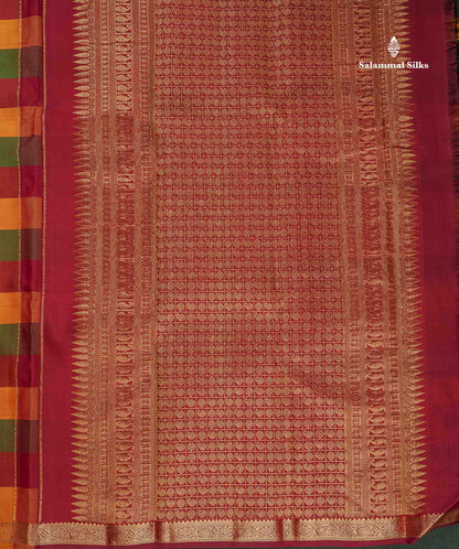 Pure Kanjivaram Silk Saree - Paalum Pazham Checks & Butta With Contrast Maroon Blouse