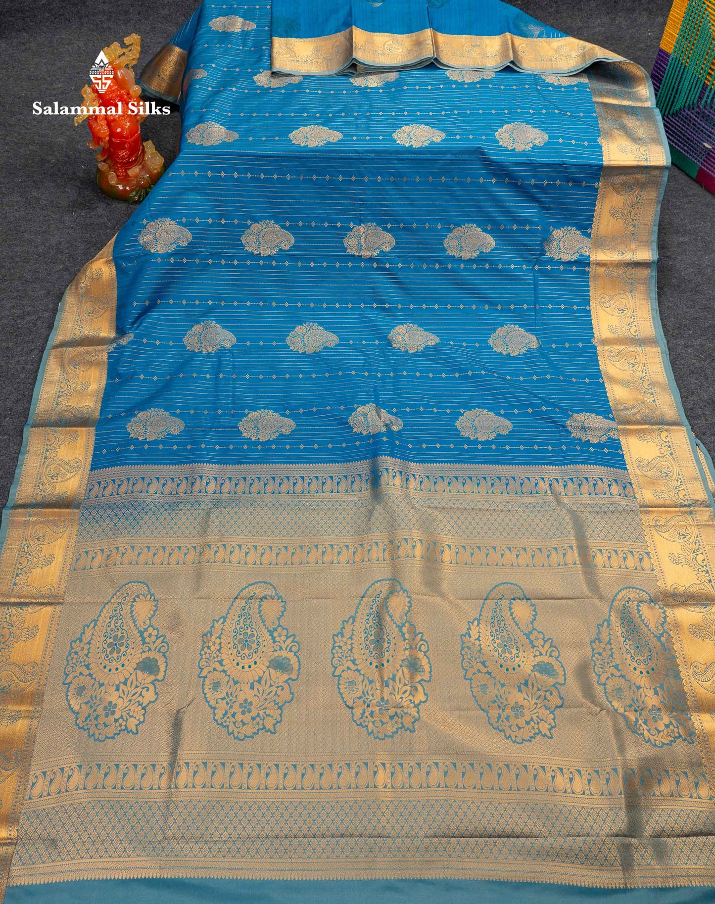 Beautiful Magenta Vertical Zari Line With Butta Semi Silk Saree With Contrast Peacock Blue Traditional Border