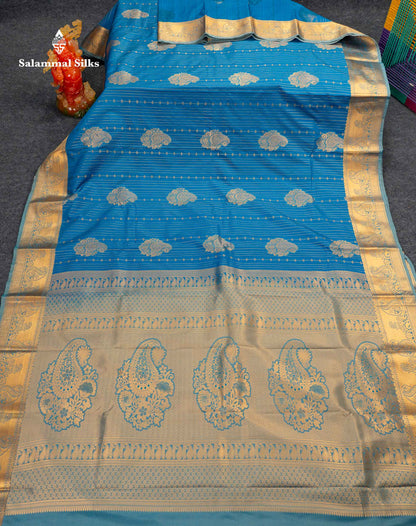 Beautiful Magenta Vertical Zari Line With Butta Semi Silk Saree With Contrast Peacock Blue Traditional Border