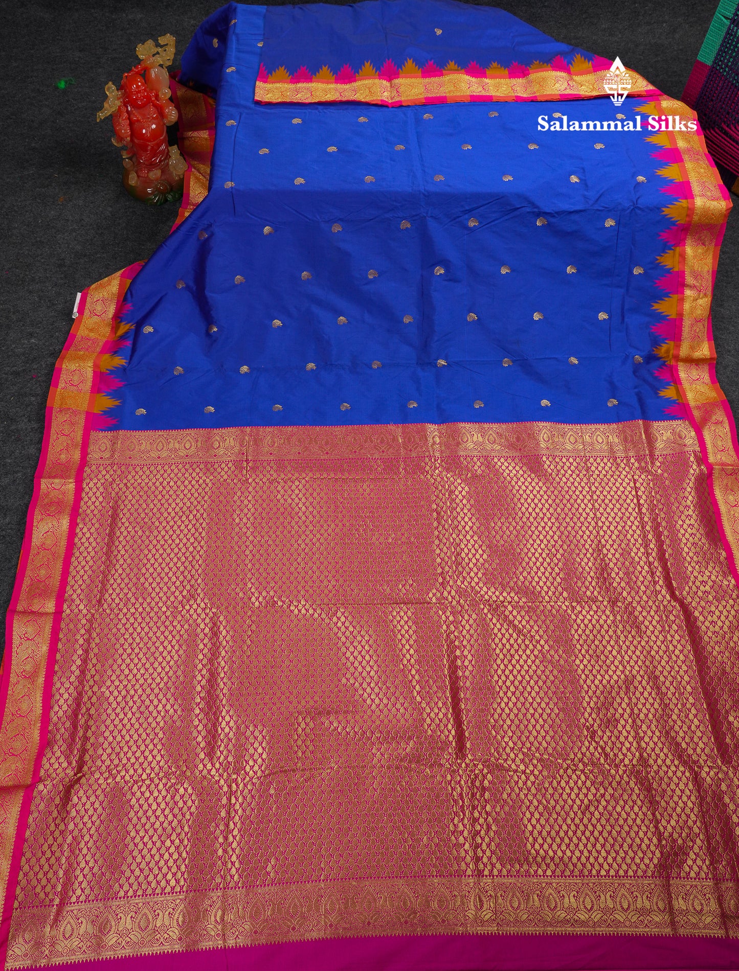 9 Yards Semi Silk Saree Orange With Contrast Green Traditional Temple Border
