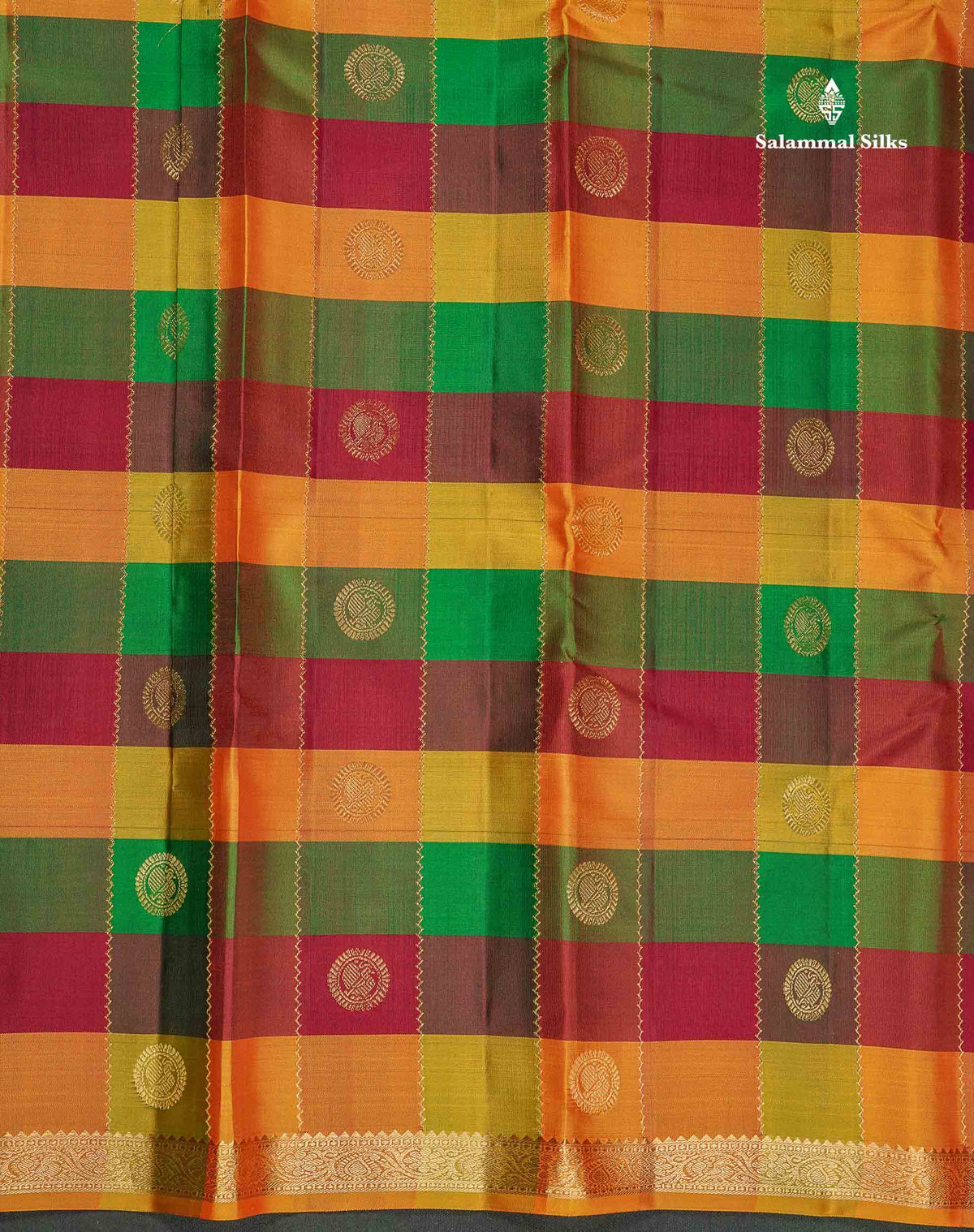 Pure Kanjivaram Silk Saree - Paalum Pazham Checks & Butta With Contrast Maroon Blouse